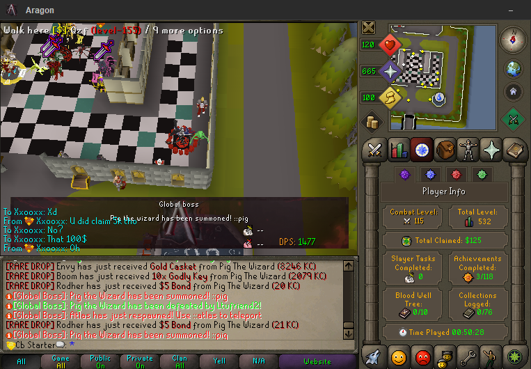 A global boss fight against Pig the Wizard, with rare-drop chat messages (a Gold Casket, 10x Godly Key, a $5 Bond) and the Player Info panel showing Total Claimed alongside combat level and achievements.
