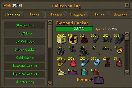 The Collection Log interface, showing category tabs (Monsters, Zones, Bosses, Minigames, Boxes, Seasonal) and the Diamond Casket log fully completed at 22/22.