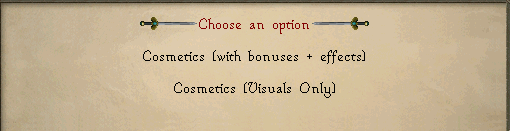 The keepsake choice menu, offering "Cosmetics (with bonuses + effects)" or "Cosmetics (Visuals Only)".