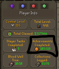 The Player Info panel, with Achievements Completed (105/118) highlighted alongside Combat Level, Total Level, Total Claimed, Slayer Tasks Completed, Blood Well Tree, and Collections Logged.