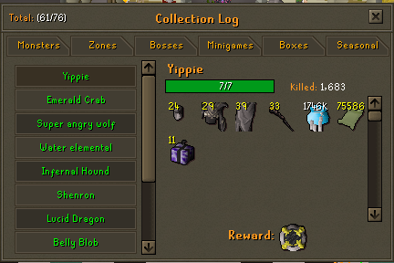 The Collection Log for the monster Yippie, complete at 7/7 with 1,683 kills, showing its item rewards and a reward icon.