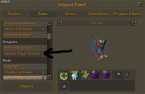 The Teleport Panel's Zones tab, with an arrow pointing at "Galactic Slayer Dungeon" under Dungeons.