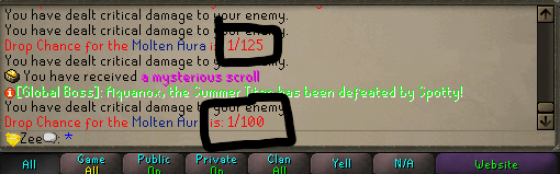 Combat log messages showing the drop chance for the Molten Aura improving from 1/125 to 1/100 after a global boss kill.
