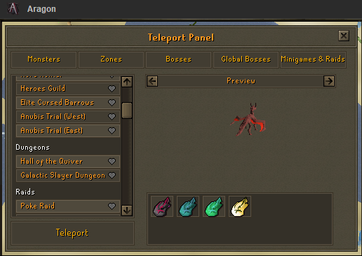 The Teleport Panel's Minigames & Raids tab, with Hall of the Quiver listed under Dungeons.