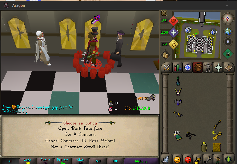 Right-clicking the Perk Master, with options to Open Perk Interface, Get A Contract, Cancel Contract (10 Perk Points), or Get a Contract Scroll (Free).