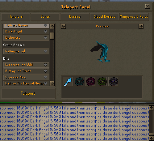 A repeating in-game message reading "You need 10,000 Dark Angel & 500 kills and then sacrifice three dark angel weapons," next to the Elite bosses list in the Teleport Panel.