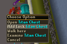 A right-click menu on a Titan Chest, with options to Open Titan Chest, Add Luck Titan Chest, Examine Titan Chest, and Cancel.